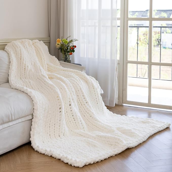 Chunky Knit Blanket - Luxury Soft Cozy King Size(60 * 80) Throw Blanket,100% Woven Blanket Rope Knot Throw Blanket for Couch, Sofa, Home Decor, Gift - Machine Washable(Milk White)