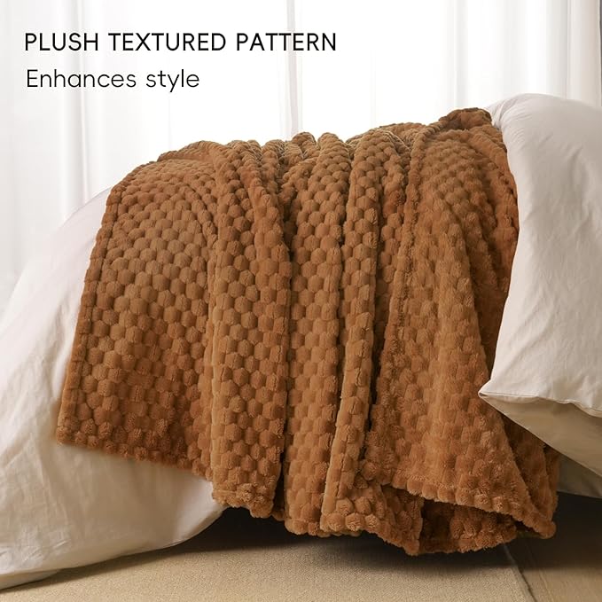 PHF Ultra Soft Flannel Fleece Blanket Queen Size, Lightweight 3D Jacquard Fleece Blanket, No Shedding, No Pilling, Luxury 340GSM Aesthetic Fluffy Cozy for Bed Room Decor, 90"x90", Terracotta