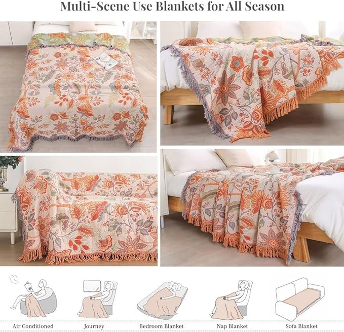 Fall Boho Throw Blankets for Bed Couch, 100% Soft Cozy Cotton Blanket Rustic Quilt 60"x80",Lightweight Reversible Muslin Farmhouse Decor Blankets for Armchair,Picnic,Sofa,Couch