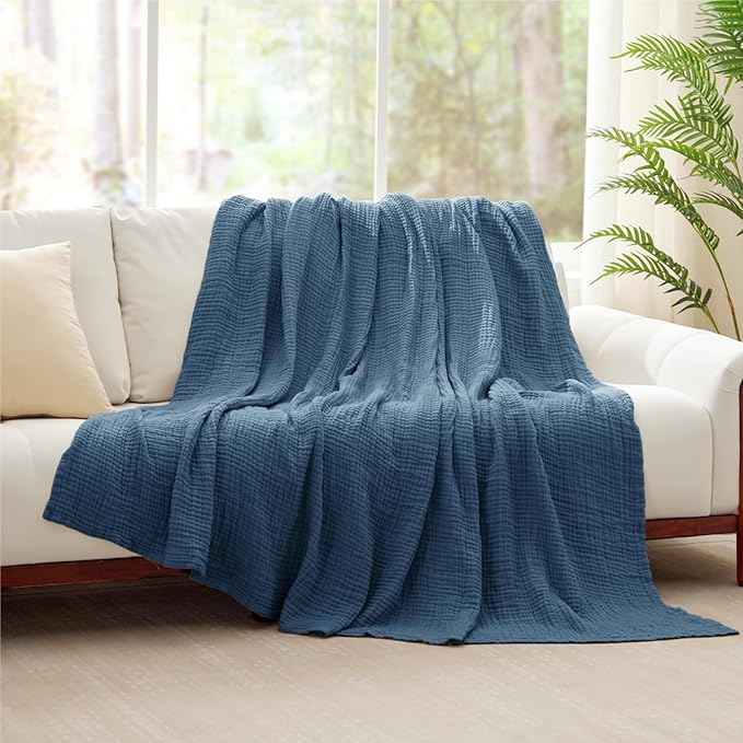 100% Cotton Muslin Blanket King 108" x 90", 6 Layers Breathable and Lightweight Cotton Throw Blanket for Bed, Soft Quilt Bedspread Coverlet, Gauze Blanket for Adults All Season, Blue