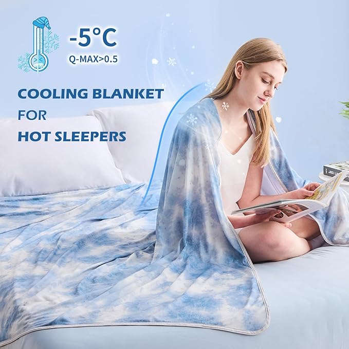 EMME Cooling Blanket 50"x70", Q-Max 0.5 Cooling Blankets for Hot Sleepers, Ice Summer Blanket for Nights Sweats, Blue Lightweight Sheet for Bed