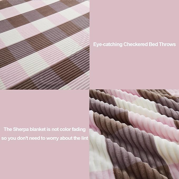 PU MEI Sherpa Blanket Twin Plaid Thick Bed Blanket, 60”*80” Super Soft Flannel Fuzzy Fleece Reversible Velvet Plush Warm Blanket for Couch(Pink Check, 60"*80")