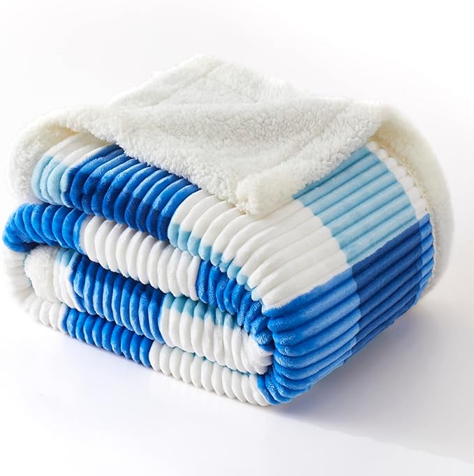 PU MEI Sherpa Blanket Twin Plaid Thick Bed Blanket, 90”*80” Super Soft Flannel Fuzzy Fleece Reversible Velvet Plush Warm Blanket for Couch(Blue Check, 80"*90")