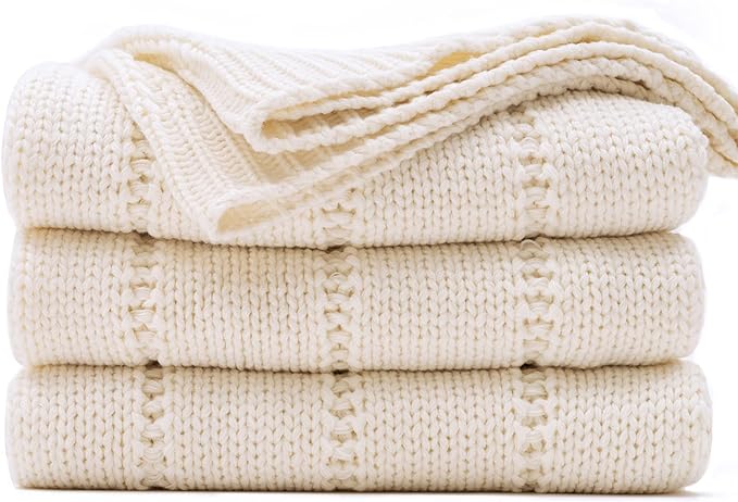RECYCO Cable Knit Cream White Throw Blanket Twin Size for Couch, Super Soft Warm Cozy Decorative Knitted Throw Blanket 3.6LB for Bed, Sofa, Chair Large 60"x80"