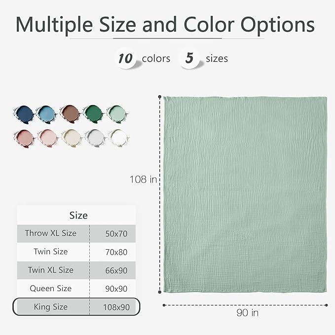Carriediosa 100% Cotton Muslin Throw Blanket 108" X 90" King Size,4-Layers Summer Gauze Throws for Bed Couch,Soft Lightweight Breathable Linen Blankets Bedspread for Adults All Season,Sage Green