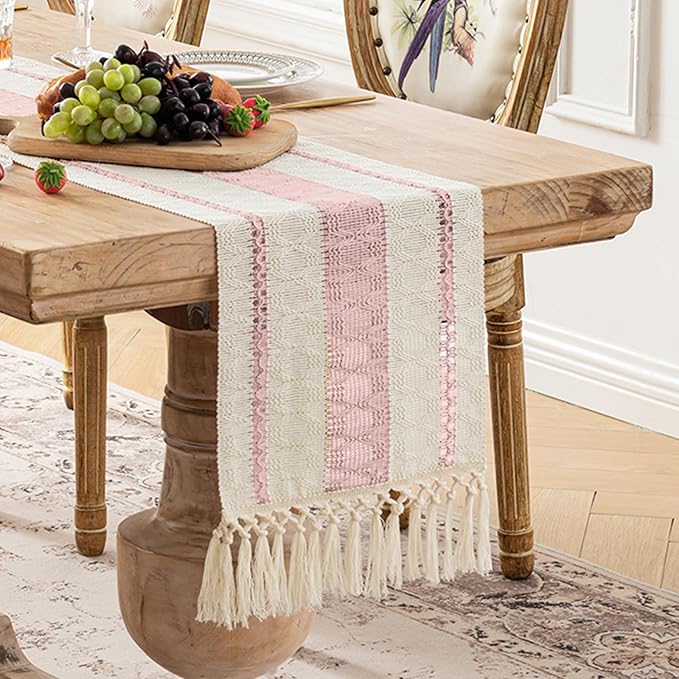 Fancy Homi Pink Table Runner 48 Inches Long Boho Macrame Table Runner for Home Decor, Farmhouse Table Runners with Tassels for Party Bohemian Rustic Bridal Shower Dining Decor 12x48 Inches