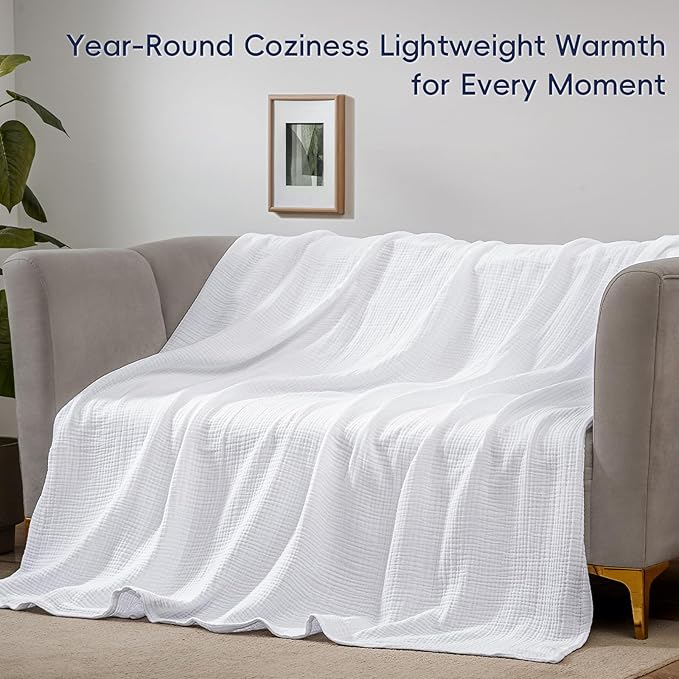 PHF 100% Cotton Muslin Blanket Twin Size 66" x 90", 4-Layer Lightweight and Breathable Blanket for Summer, Luxuriously Soft Gauze Bedding for Bed, Natural Minimalism Style, Ideal Gift, White