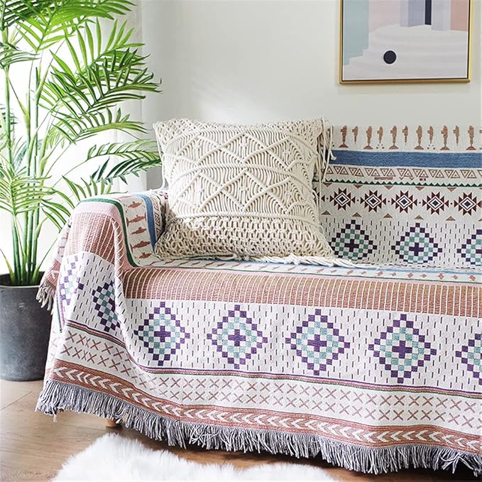 Luxlovery Aztec Sofa Throw Blankets Blue Ethnic Woven Boho Beige and Purple Color Bohemian Woven Throw Blanket for Couch Aztec Bed Throws Oversized Chair Sofa Cover with Tassels(63"x102")