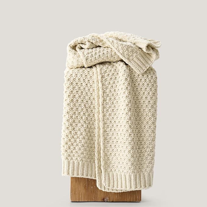 Chunky Chenille Knit Throw Blanket for Couch, Soft Luxurious Moss Stitch Blankets for Bed, Cozy Decorative Farmhouse Knitted Throws for Sofa, Beige, 50" x 60"