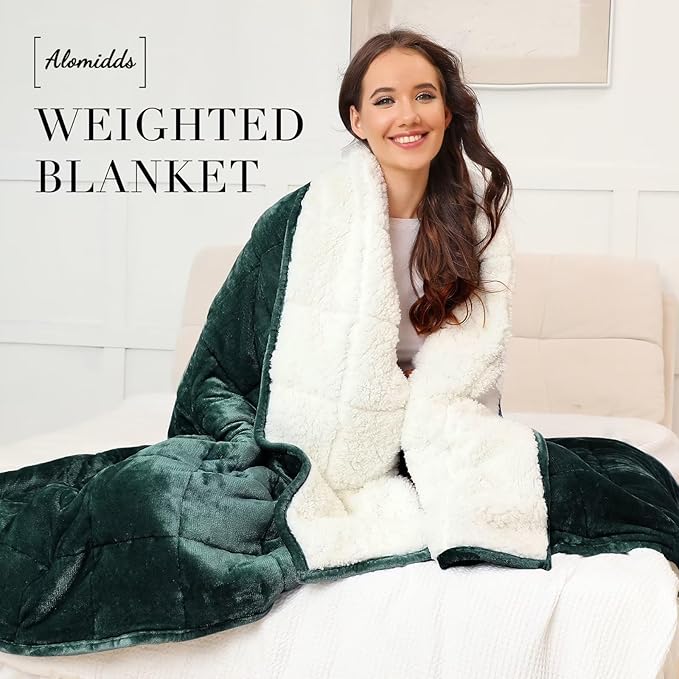 Alomidds Sherpa Fleece Weighted Blanket for Adults(20lbs Twin Size) Heavy Blanket with Fluffy Warm Thick Sherpa & Cozy Soft Flannel Snuggle Great for Sofa Bed Calming, 48x72 inches, Forest Green