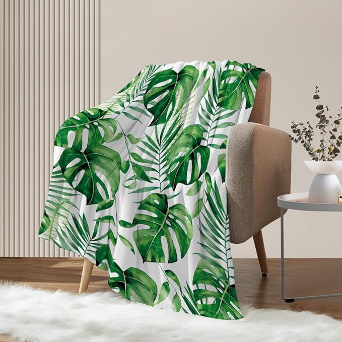 Neatee Living Tropical Leaf Large Throw Blanket Green Plant Blanket for Couch Sofa Bed Soft Cozy Fuzzy Plush Fleece Blankets Spring Summer Home Decoration Colorful Print Gift Blanket 50x70