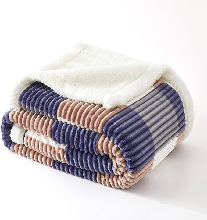 PU MEI Sherpa Blanket Full/Queen Plaid Thick Bed Blanket, 90”*80” Super Soft Flannel Fuzzy Fleece Reversible Velvet Plush Warm Blanket for Couch (Navy Check, 80"*90")