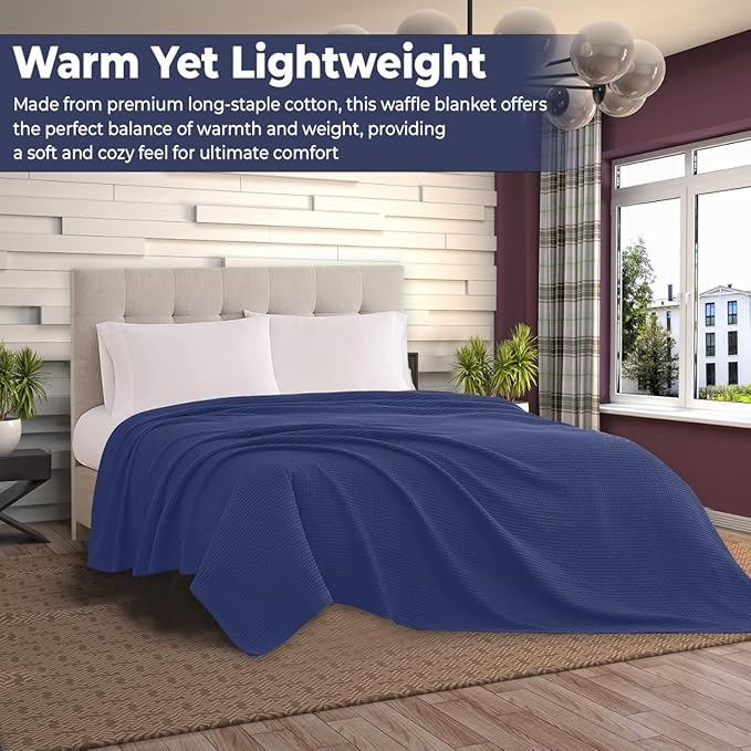 100% Cotton Blankets Throw Size for Bed - Waffle Weave Blankets for Summer, Lightweight and Breathable Soft Woven Blanket for Spring (Navy, Throw (50" x 60")