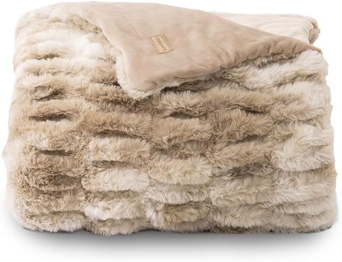EVERGRACE Luxurious Soft Faux Rabbit Fur Throw Blanket, Cozy Fuzzy Plush Warm Throws for Couch Bed Sofa Chair Home Decor, Ruched Bubble Fluffy Blanket with Reversible Velvet, 60" x 80", Beige