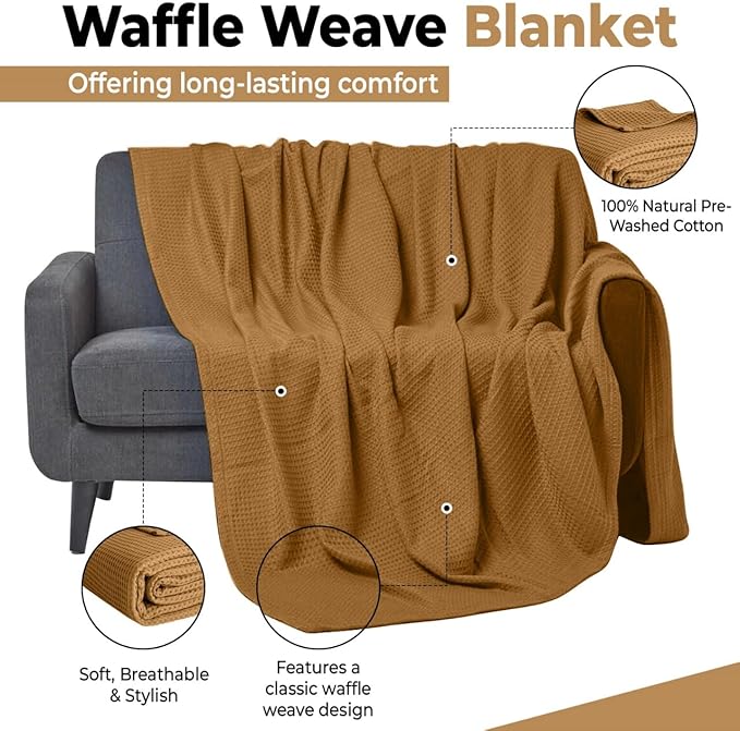 100% Cotton Blankets Queen Size for Bed - Waffle Weave Blankets for Summer, Lightweight and Breathable Soft Woven Blanket for Spring, White, 90x90 Inches (Orange, Queen (90" x 90"))