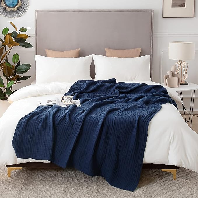 EMME Muslin Blanket 100% Cotton Throw Blankets for Couch Breathable Gauze Blanket All Season Soft and Lightweight Pre-Washed Cotton Blanket (Navy, 60"x80")