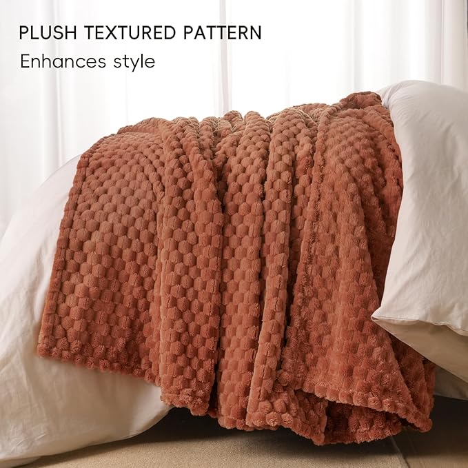 PHF Ultra Soft Flannel Fleece Blanket Queen Size, Lightweight 3D Jacquard Fleece Blanket, No Shedding, No Pilling, Luxury 340GSM Aesthetic Fluffy Cozy for Bed Room Decor, 90"x90", Burnt Umber