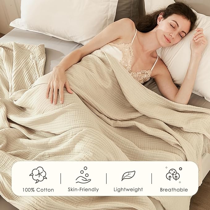 EMME Cotton Muslin Blanket Twin XL - 66"x90" Lightweight Breathable Layering Blanket Bedspread Coverlet All Season Gauze, Light Tan