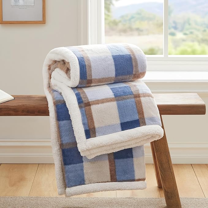 PU MEI Super Soft Faux Rabbit Fur Sherpa Fleece Throw Blanket, Reversible Luxury Cozy Cute Furry Blanket, Plush Warm Shaggy Fluffy Checkered Blankets for Sofa Couch Bed (Blue-Plaid, 80" x 90")