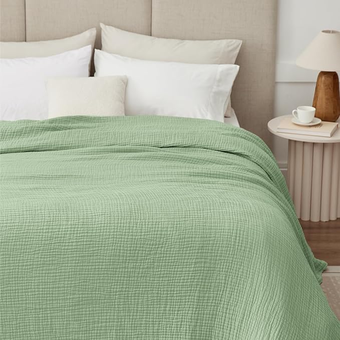 100% Cotton Muslin Blanket King 108" x 90", 6 Layers Breathable and Lightweight Cotton Throw Blanket for Bed, Soft Quilt Bedspread Coverlet, Gauze Blanket for Adults All Season, Sage Green