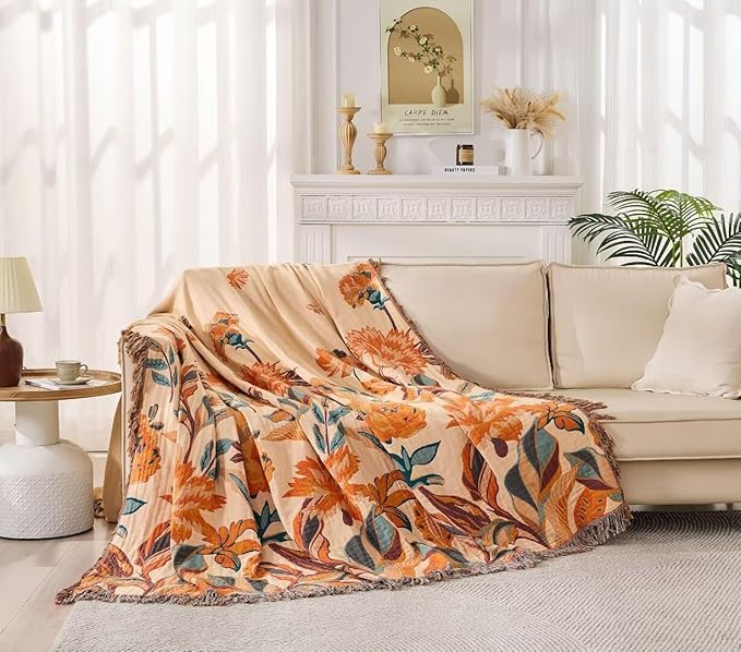 Fall Boho Throw Blanket for Bed 80"x90", 100% Cotton Boho Throws for Couch Sofa, Ultra Soft 4-Layers Woven Muslin Blanket with Floral Printed for All Season,Farmhouse Throws Bed Chair Cover