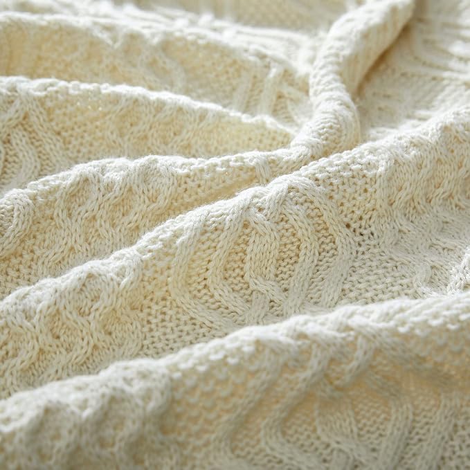 Aormenzy Ivory Cable Knit Throw Blanket, Soft & Warm Knitted Blanket Throw for Couch Bed Sofa Living Room, 50 x 60 inch