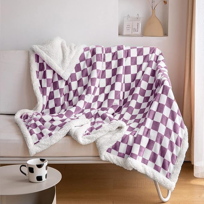 LOMAO Sherpa Throw Blanket Fleece Blanket with Checkered Pattern Soft Thick Blanket for Couch, Bed, Sofa Luxurious Warm and Cozy for All Seasons (Purple, 60"x80")