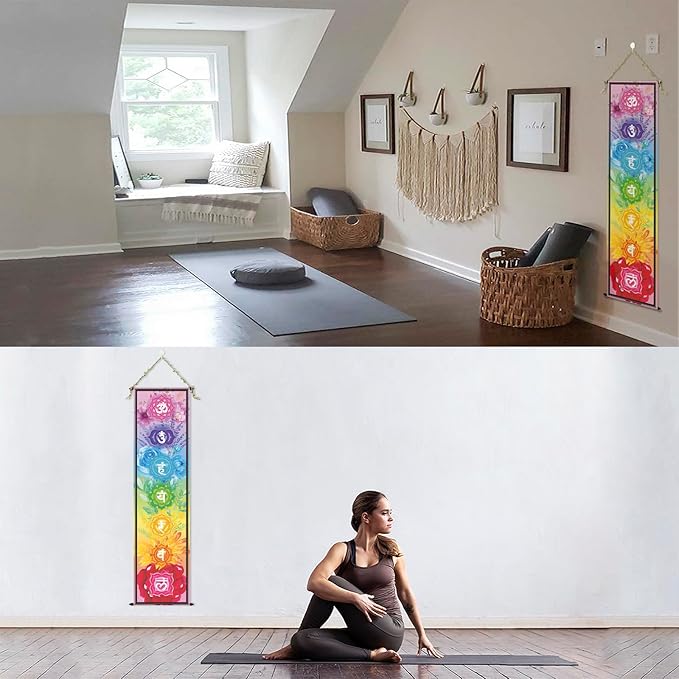 DigiTizerArt Hanging Poster Canvas Wall Art Banner for Meditation 7 Chakras Yoga Painting | Wall Hanging Tapestry Decoration Black and White | 33 x 135 cm (Style-C)
