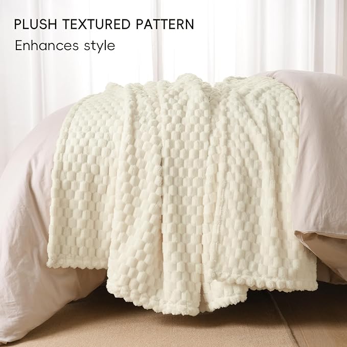 PHF Ultra Soft Flannel Fleece Blanket Queen Size, Lightweight 3D Jacquard Fleece Blanket, No Shedding, No Pilling, Luxury 340GSM Aesthetic Fluffy Cozy for Bed Room Decor, 90"x90", Cream
