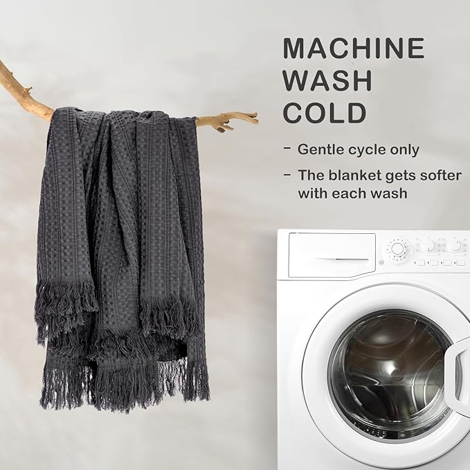 100% Cotton Waffle Blanket with Fringe, Pre-Washed Waffle Weave Blanket for All Season, Lightweight Breathable Soft Cozy Throw Blanket for Couch, Bed, Travel (Grey - 60x80 Inches)