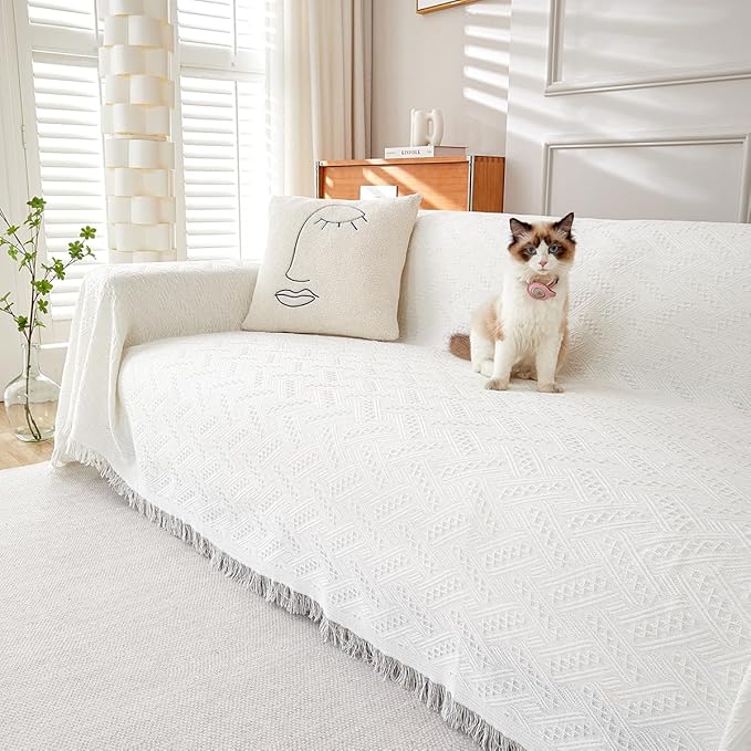 AIVIA Armless Loveseat Cover Sheet Blanket, Anti Slip Throw Cushion Covers for 2 Seater Armless Couches, Love-Seat Furniture Decor Slipcovers Protector for Dogs Cats (71” x 91” White)