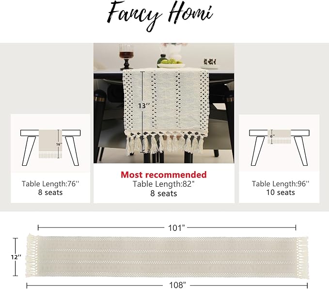 Fancy Homi Cream Table Runner 108 Inches Long Boho Macrame Ivory Table Runner for Home Decor, Farmhouse Table Runners with Tassels for Party Bohemian Rustic Bridal Shower Dining Decor 12x108 Inches