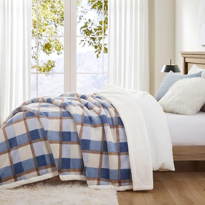 PU MEI Super Soft Faux Rabbit Fur Sherpa Fleece Throw Blanket, Reversible Luxury Cozy Cute Furry Blanket, Plush Warm Shaggy Fluffy Checkered Blankets for Sofa Couch Bed (Blue-Plaid, 80" x 90")