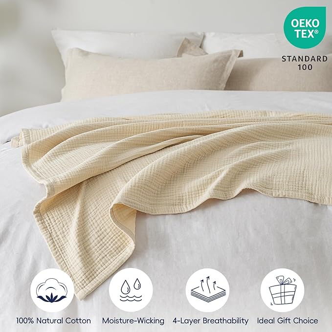PHF 100% Cotton Muslin Throw Blanket 50" x 60", 4-Layer Lightweight and Breathable Blanket for Summer, Luxuriously Soft Gauze Throws for Couch, Natural Minimalism Style, Ideal Gift, Beige/Short Bread