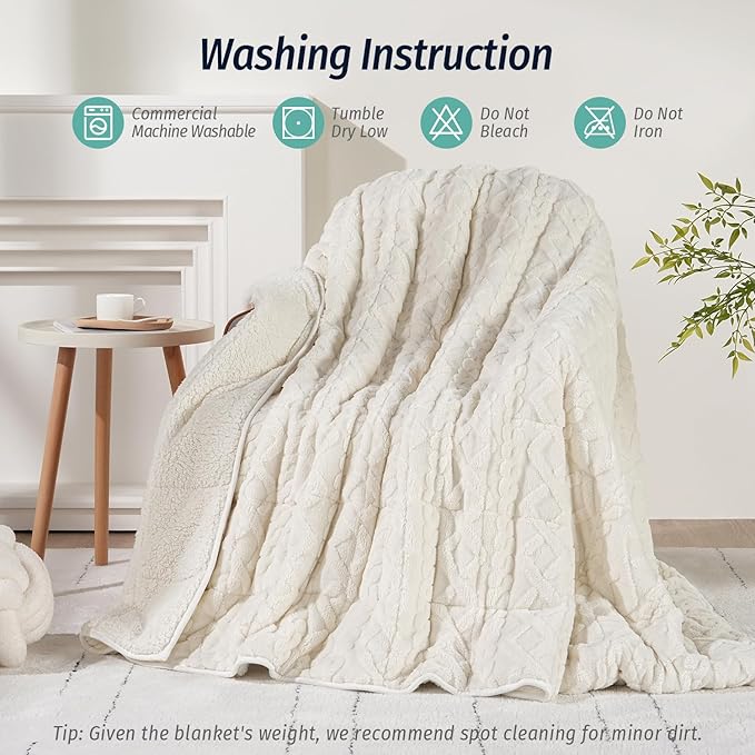 Wemore Weighted Blanket for Adults Twin Size 20 lbs, Dual Sided Soft Fuzzy Jacquard Sherpa Weighted Blankets Throw, Cozy Fluffy Knitted Heavy Blanket for Bed and Couch, Cream White, 60 x 80 inches