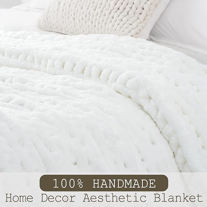 Chunky Knit Throw Blanket 50"X 60", 100% Handmade with Soft Chenille Yarn, 4.4lbs Thick Cable Knitted Blankets, Large Rope Knot Crochet Throws for Couch Sofa Bed Home Decor, Snow White