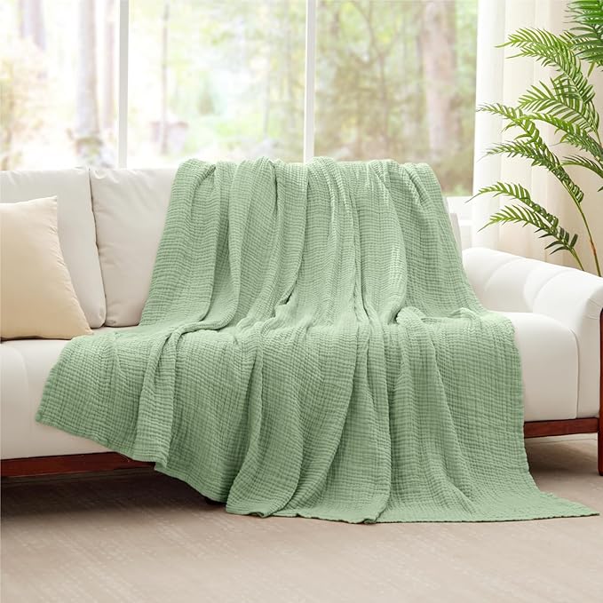 100% Cotton Muslin Blanket King 108" x 90", 6 Layers Breathable and Lightweight Cotton Throw Blanket for Bed, Soft Quilt Bedspread Coverlet, Gauze Blanket for Adults All Season, Sage Green