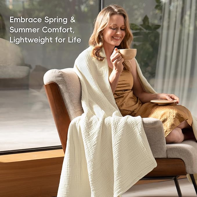PHF 100% Cotton Muslin Throw Blanket 50" x 60", 4-Layer Lightweight and Breathable Blanket for Summer, Luxuriously Soft Gauze Throws for Couch, Natural Minimalism Style, Ideal Gift, Birch