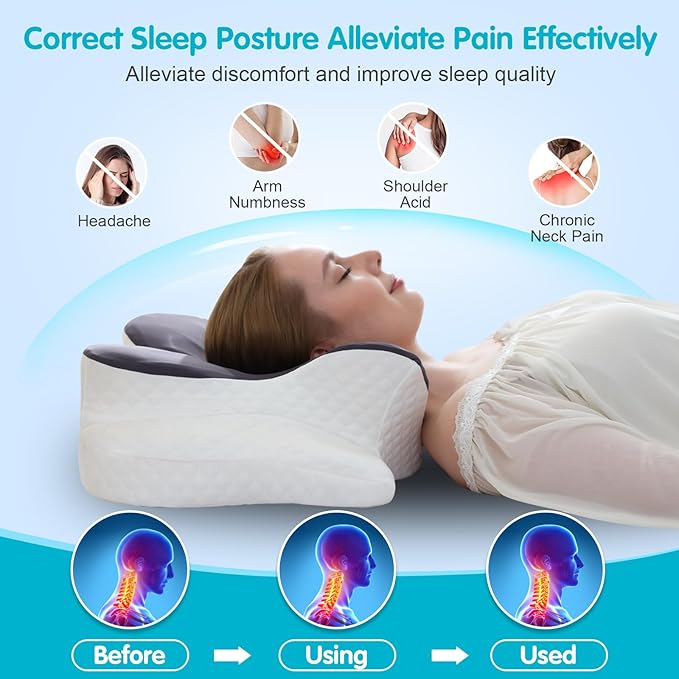 Memory Foam Pillows, Cervical Pillow for Neck Pain Relief, Odorless Ergonomic Pillow with Comfortable Pillowcase, Adjustable Orthopedic Bed Pillow for Sleeping, Support for Side Back Sleepers