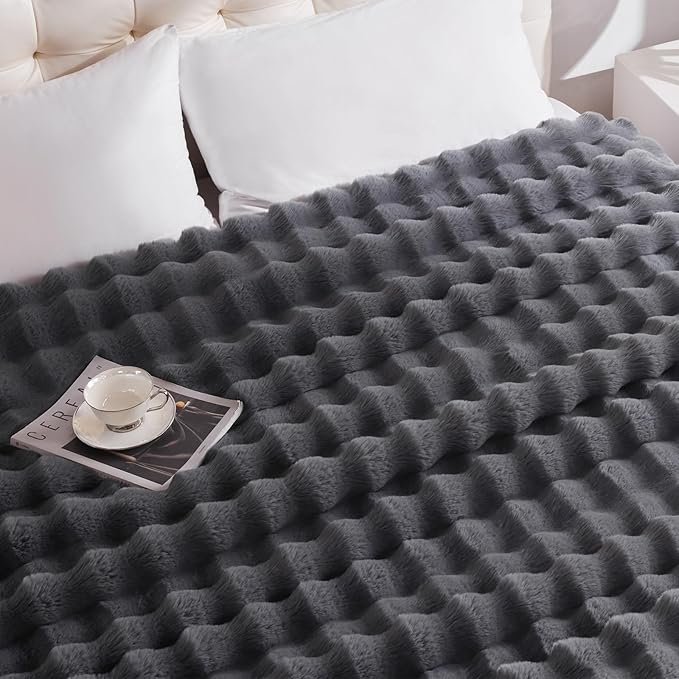 Heated Blanket Throw with 1/2/4/6/8 Hours Auto-Off 10 Heat Level, 50'' * 60'' Cozy Faux Rabbit Fur Bubble Electric Blanket with Overheat Protection(Dark Grey)