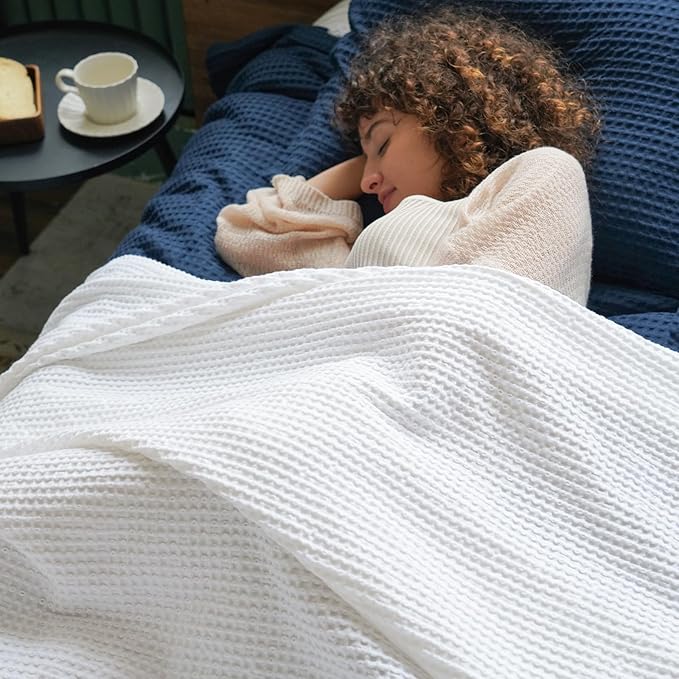 PHF Pre-Washed Cotton Waffle Weave Blanket Throw Size for Couch Bed,Snag Proof Spring Summer Lightweight Breathable,Oeko-TEX Certified,Machine Washable, Home Decor Gift-White