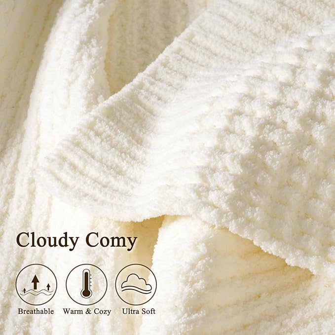 PHF Chenille Waffle Knit Throw Blanket- Plush Warm & Cozy 50" x 60" Ultra Soft Blanket- Chunky Fluffy Waffle Throws for Couch Bed Sofa - Cream
