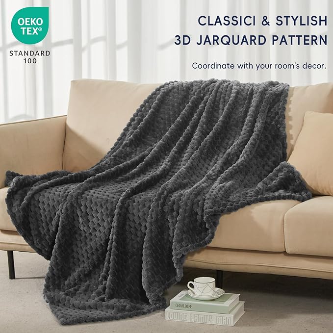 PHF Ultra Soft Flannel Fleece Throw Blanket, Lightweight 3D Jacquard Fleece Blanket, No Shedding, No Pilling, Luxury 340GSM Aesthetic Fluffy Cozy Throws for Couch Room Decor, 50"x60", Dark Grey