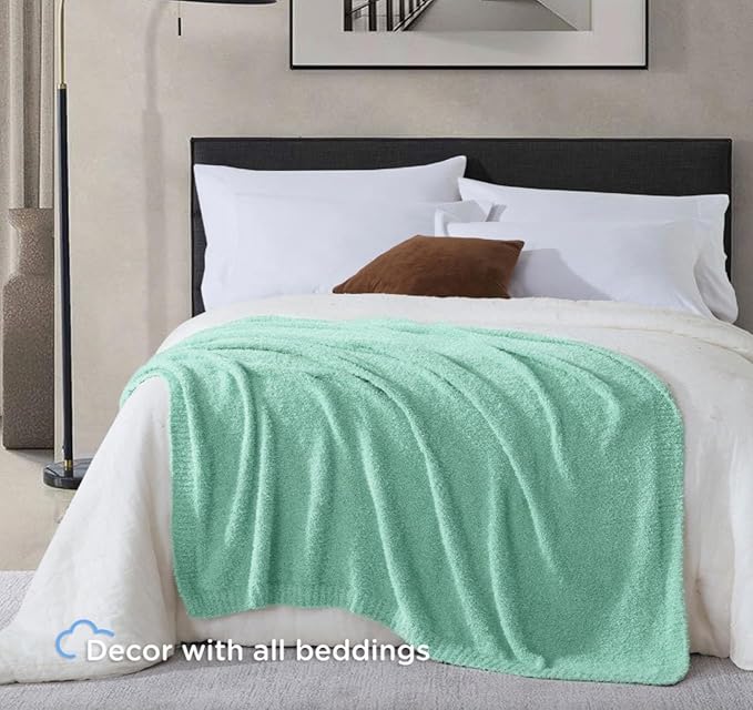 Knit Throw Blanket for Couch - Super Soft Bed Blanket, Fluffy Fuzzy Plush Lightweight Cozy Blankets for Sofa ,Sage Green,50" x 60"