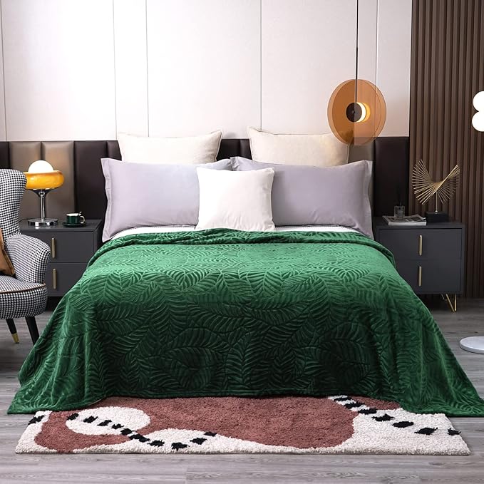 SOCHOW Super Soft Flannel Fleece Throw Blanket, Lightweight Cozy Warm Leaves Textured Plush Blanket for Bed Couch Sofa, 60 x 80 Inches, Olive Green