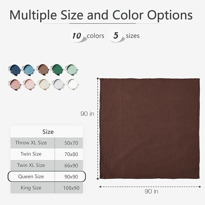 Carriediosa 100% Cotton Muslin Throw Blanket 90" X 90" Queen Size,4-Layers Summer Gauze Throws for Bed Couch,Soft Lightweight Breathable Linen Blankets Bedspread for Adults All Season,Dark Brown