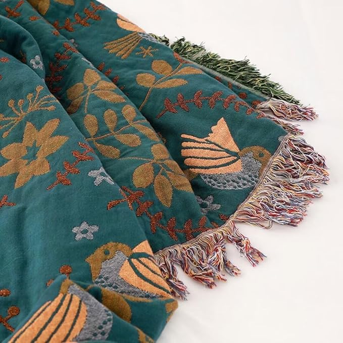 Floral and Bird Boho Throw Blanket for Bed,100% Cotton Reversible Rustic Quilt 60"x80",Soft Cozy Farmhouse Muslin Decorative Fall Throw Blankets for All Season, for Sofa, Couch Chair,Travel