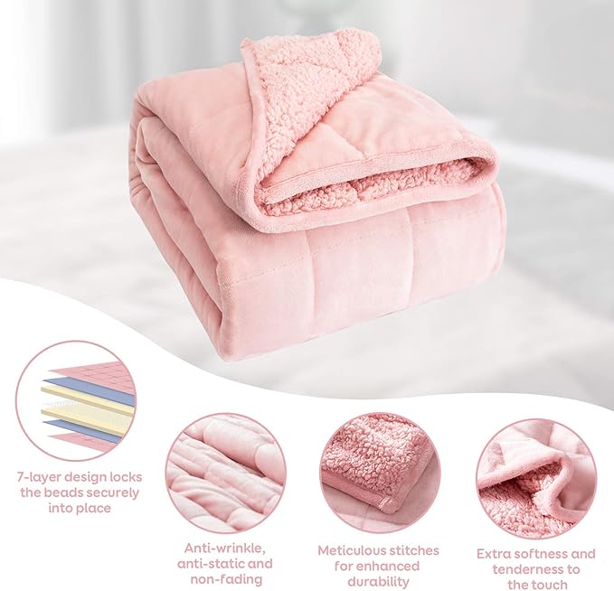 Weighted Blanket Twin 15 Pounds for Adults, Plush Blankets for Sofa Bed, Cottonblue Heavy Blanket with Ceramic Beads, Thick Fuzzy Blanket with Soft Plush Flannel for Winter Xmas, 48x72inch, Blush Pink