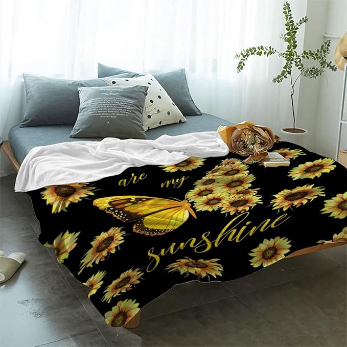 YeeJu Sunflower Throw Blanket Queen Size Yellow Floral Butterfly Blanket for Bed Couch Cozy Soft Fuzzy Plush Fleece Blankets Big Large Decorative Spring Summer Blanket Gift for Women 90x90