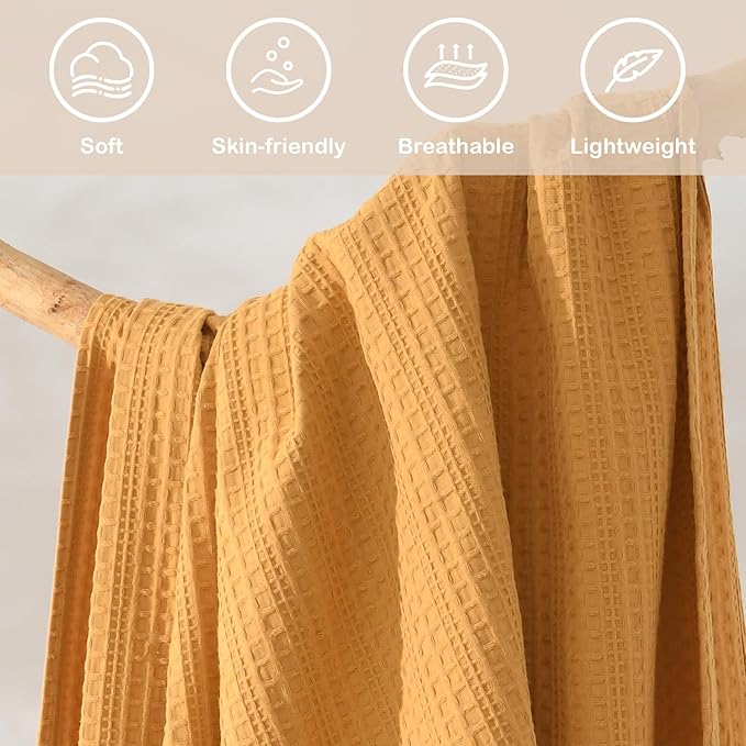 100% Cotton Waffle King Blanket with Fringe 104"x90", Pre-Washed Waffle Weave Blanket for All Season, Lightweight Breathable Soft Cozy Throw Blanket for Couch, Bed, Travel (Mustand Yellow)